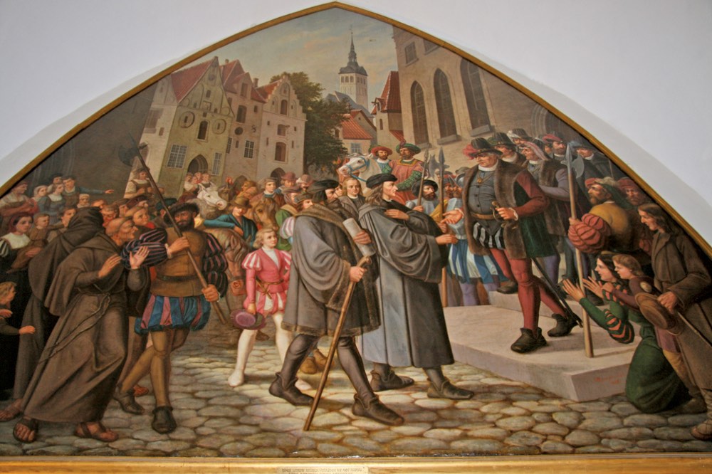Theodor Albert Sprengel, 1869. Reception of Johann Lange, the first Lutheran preacher, by the Tallinn Magistrate in 1523. Lunette painting from the Great Guild building. Photo: Arh